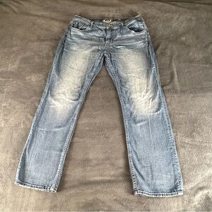 BKE Nolan Jeans Mens 40R Blue Denim Relaxed Straight Leg Whiskered Grunge
